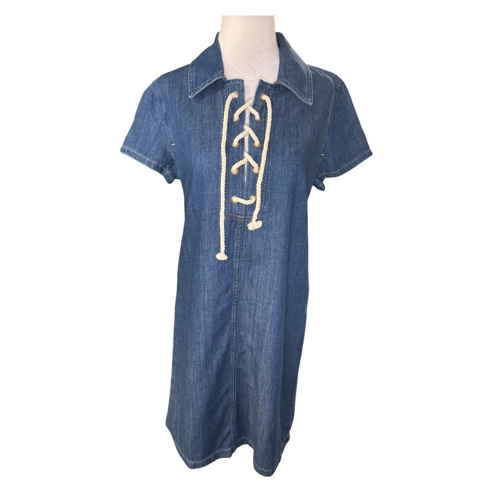 J. Crew Denim Chambray Lace Up Collar Short Sleeve Shirt Dress Size 2‎ NWT